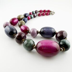 Vintage Chunky Resin Bead Statement Necklace - Jewel Tones, Cat's Eye Effect